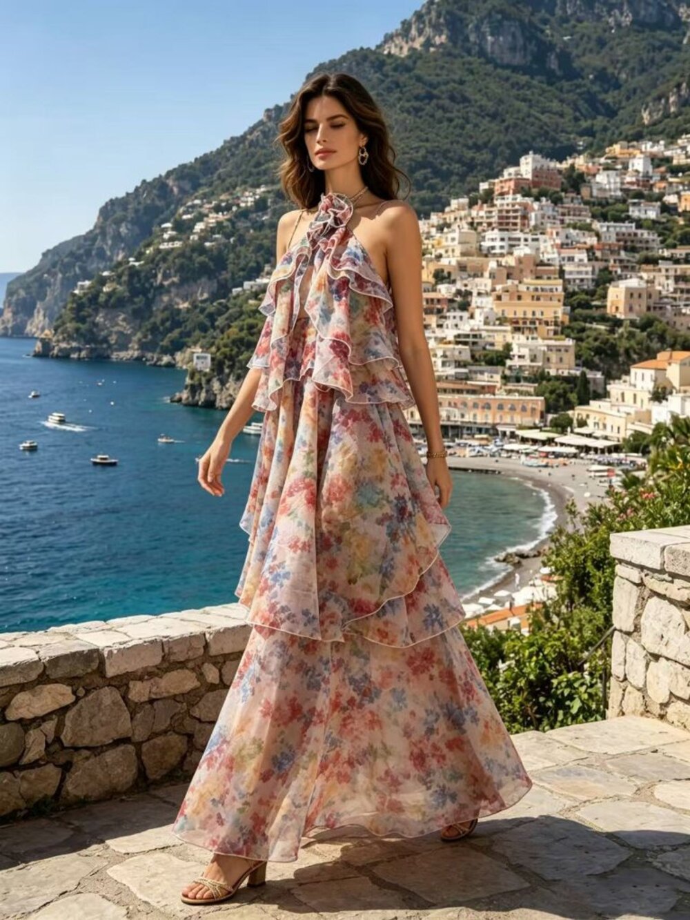 Watercolor Floral Halter Maxi Dress